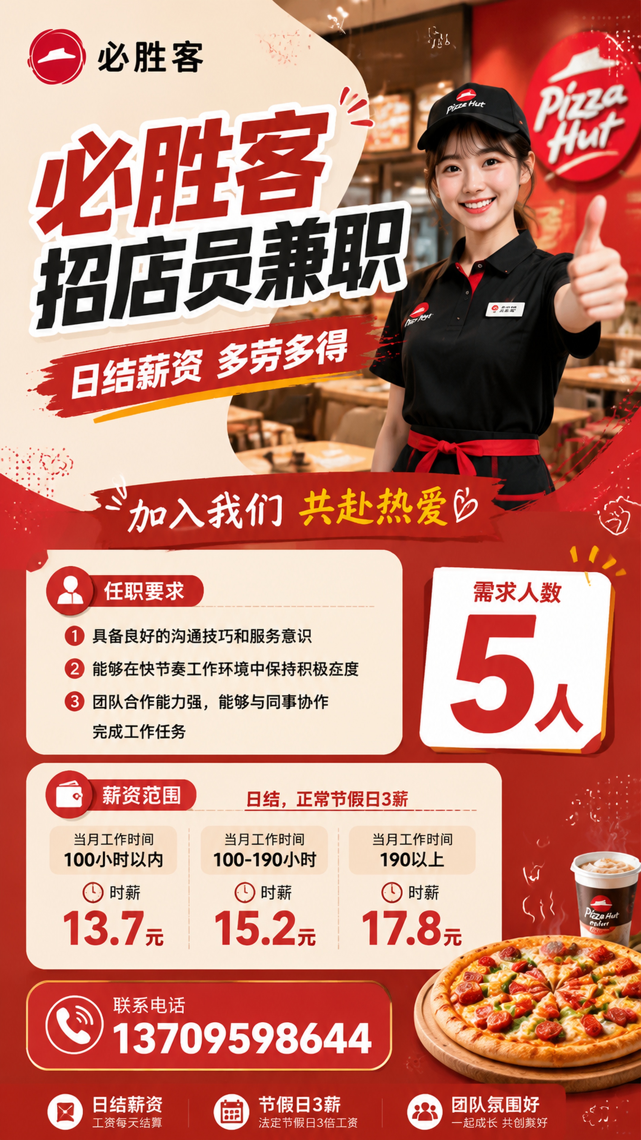 时尚大气招聘海报，必胜客餐饮招聘，主标题："必胜客招店员兼职"… - 图片创意预览
