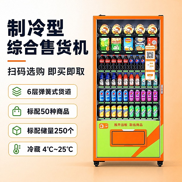 [主图-1] 扫码选购制冷型 饮料零食综合售货机，淘宝主图首图，左右分栏构图：左侧文字、右侧整机。
[统一基调] 浅白到浅橙渐变底，深蓝黑色粗体主标题，橙色作强调条与标签描边，绿色作小面积辅助，白色圆角卡片，无衬线黑体，画面明亮通透，不使用黑色或深色背景。
[画面] 右半区完整展示售货机整机，稍俯视，机身占右半区大部分高度，完整不裁切：橙色边框的立柜机身，正面为大面积透明玻璃门，门内为6层弹簧式货道（上层为零食、下层为瓶装饮料，排列整齐），玻璃门内右侧贴有二维码扫码贴纸；玻璃门下方为绿色喷塑前面板，带橙色斜向装饰条，面板上有橙色取货口与白色提示字，底部四个黑色小滚轮；机器外观、比例、结构与参考图必须完全一致（包括橙绿配色、六层货道、取货口位置、二维码贴纸位置），底部有真实接触阴影。
[左半区文字] 文字靠左对齐、分层排列：第一层为深蓝黑色超大号粗体主标题“制冷型综合售货机”；第二层为深灰色大号副标题“扫码选购 即买即取”；第三层为四个白色圆角标签，内为深蓝黑色粗体中文字，上下依次排列“6层弹簧式货道”、“标配50种商品”、“标配储量250个”、“冷藏 4℃~25℃”。文案中不得出现任何支付平台名称。
[光影质感] 商业摄影质感，柔和棚拍光从左上打亮机身，玻璃门有自然反光，商品包装色彩鲜亮，地面浅橙渐变无硬切边界。
[配色] 浅白与浅橙为主，橙色与绿色呼应机身，深蓝黑色文字。
[文字版式] 字体统一无衬线黑体，主标题最大最粗，副标题次之，标签文字再小一级，文字不遮挡机器。
[输出要求] 1:1 方形构图，文字清晰无乱码，产品完整清晰；负向：变形，错字，英文，模糊，杂乱，水印，平台Logo，黑色背景，深色背景，机器裁切。