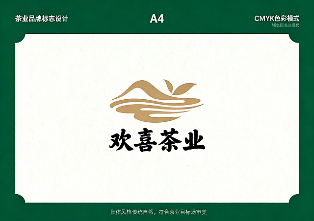 为欢喜茶业设计一款图形加文字组合的标志，标志中必须包含中文"欢喜茶业"，文字为自行设计的原创字体，标志设计符合茶业目标市场，放置在横版A4尺寸页面，色彩模式为CMYK