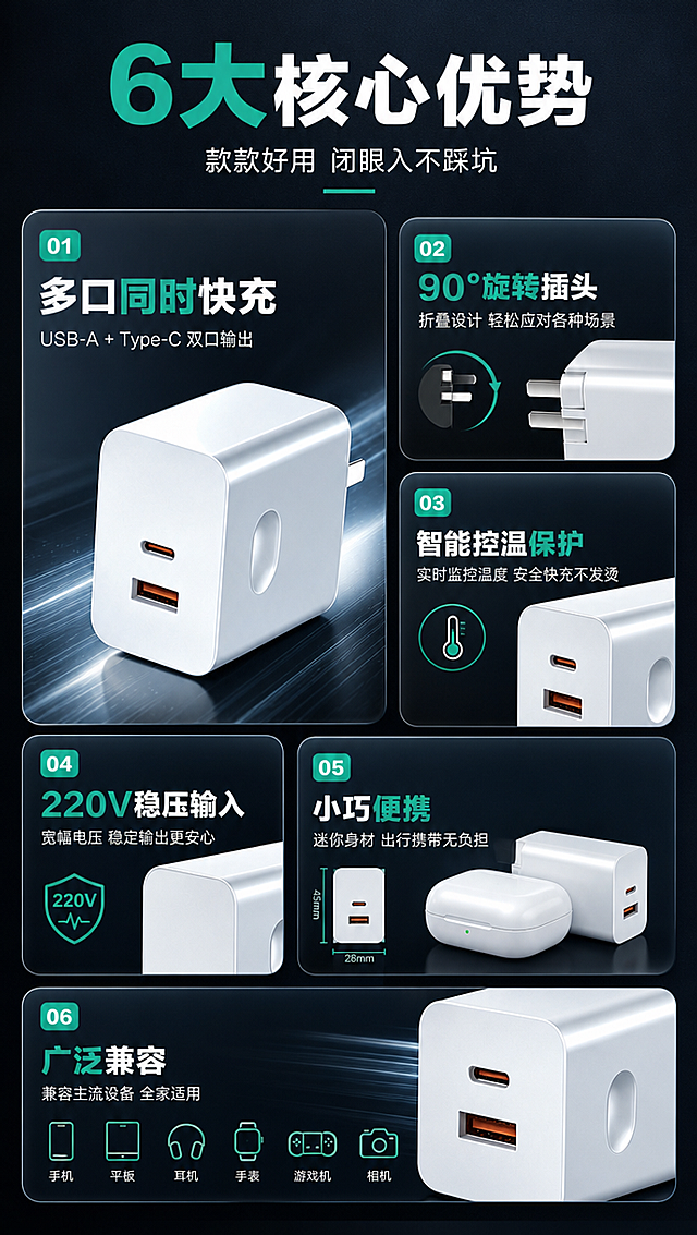 [商品] 使用【图1】白色快充充电器（取三款中代表性的USB-A+Type-C款及双口款局部）；保留白色亮面外壳、方形圆角、接口位置与颜色、整体结构比例和材质光泽；产品用于卡片中配图展示。
[画面] 目标：核心卖点总览，6大卖点一图看懂。构图：瀑布流卡片布局——左上1张大卡（配产品大图+主卖点），右侧及下方5张中小卡错落排列，每张配小图标+短文案+产品局部；产品占画面约40%；阅读动线从左上到右下，前景卡片层叠，中景产品局部图，远景深色渐变背景带微光效。
[视觉] 套系策略：风格=深色科技性能风+拼多多高性价比大字报；标题字=粗黑无衬线大字（思源黑体Heavy）；正文字=简洁无衬线体（思源黑体Regular）；主色=深灰蓝（科技底）；背景延展=基于深灰蓝做径向渐变、暗角、细腻磨砂颗粒；强调色=青绿色（仅用于小面积图标、引线和标签高亮）；标题色=白色+青绿色关键词；正文色=浅灰白；组件=圆角半透明卡片、细线图标、青绿色小标签；光影=卡片柔和投影，产品局部保留亮面反光质感。
[文字] 顶部主标题："6大核心优势"（白色，"6大"青绿色高亮）；副标题："款款好用 闭眼入不踩坑"；6个卖点卡片：①"多口同时快充"——配产品接口面大图 ②"90°旋转插头"——配插头旋转示意 ③"智能控温保护"——配温度图标 ④"220V稳压输入"——配电压图标 ⑤"小巧便携"——配尺寸对比示意 ⑥"广泛兼容"——配多设备图标；每卡标题+1行短说明，全部横排，字号手机端可读。
[规格] 拼多多详情页，单屏比例9:16竖版，分辨率4K，负向提示：避免变形、错字、文字过小、产品结构改变、纯白底、冷蓝过度、极限词、icon宫格单调排版。