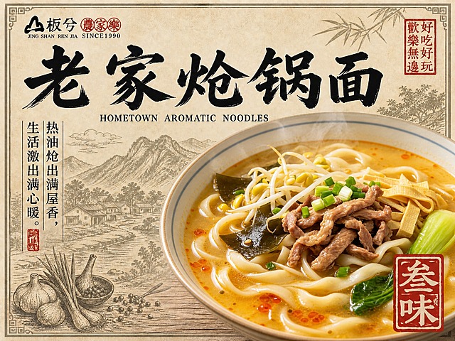 以第一张海报为版式与底图基础，将食物主体替换为第二张参考图中的写实老家炝锅面：宽扁面条浸在浓稠微黄的骨汤中，浇头有肉丝、黄豆芽、千张丝、海带片、小油菜，汤面有红油与葱花，热气升腾，去掉参考图水印。背景版画底图保持浅色雅致、文字清晰浓重：顶部大号毛笔书法标题「老家炝锅面」、副标英文 HOMETOWN AROMATIC NOODLES、竖排人生感悟文案“热油炝出满屋香，生活激出满心暖。”、朱红方章「叁味」，文字无错漏乱码。4:3 构图协调，食物写实诱人、看到就想吃。
