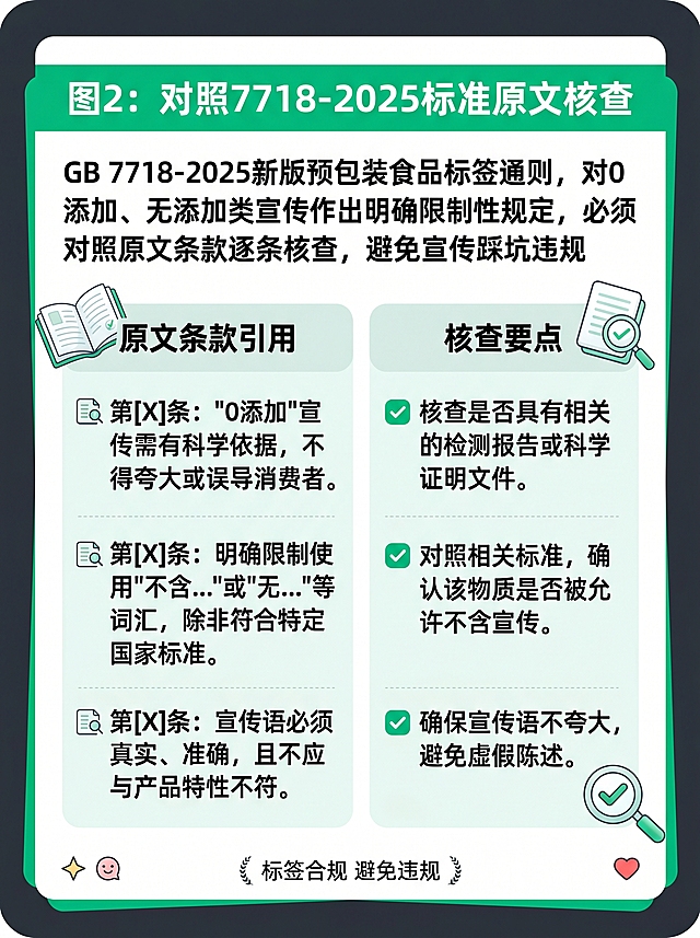 小红书图文内页，标题“图2：对照7718-2025标准原文核查”，正文内容：“GB 7718-2025新版预包装食品标签通则，对0添加、无添加类宣传作出明确限制性规定，必须对照原文条款逐条核查，避免宣传踩坑违规”，深灰搭配#00c375绿色，分栏展示原文引用，排版清晰，比例3:4