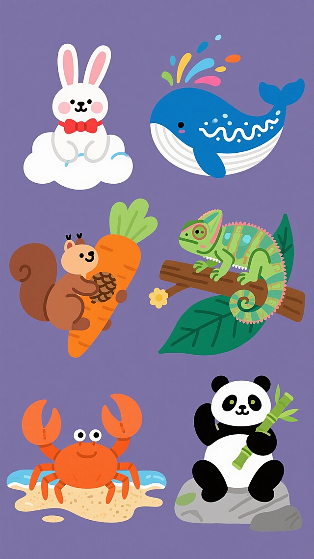 插画风格的系列集合，纯色背景，画面整体色彩变换，规整排布六个完全不同的元素内容，每个元素保持同类目，分别是：一只戴着红色蝴蝶结的白色兔子，坐在胡萝卜形状的云朵上；一条蓝色的鲸鱼，身体上有白色的波浪花纹，喷出彩色的水花；一只棕色的松鼠，抱着一颗松果，站在树枝上；一只绿色的变色龙，趴在一片叶子上，眼睛看向远方；一只橙色的螃蟹，挥舞着大钳子，在沙滩上爬行；一只黑白相间的熊猫，手里拿着一根竹子，坐在石头上。每个元素都有清晰的轮廓，色彩鲜艳，细节丰富，风格统一，适合作为系列素材使用。