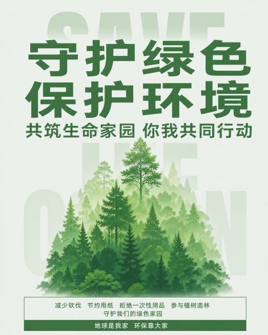 将图中的绿色乌龟替换为茂密的森林，森林整体为绿色调，和海报的绿色环保主题匹配。保留海报上所有文字内容和排版：主标题"守护绿色 保护环境"，副标题"共筑生命家园 你我共同行动"，底部标语"减少砍伐 节约预览效果