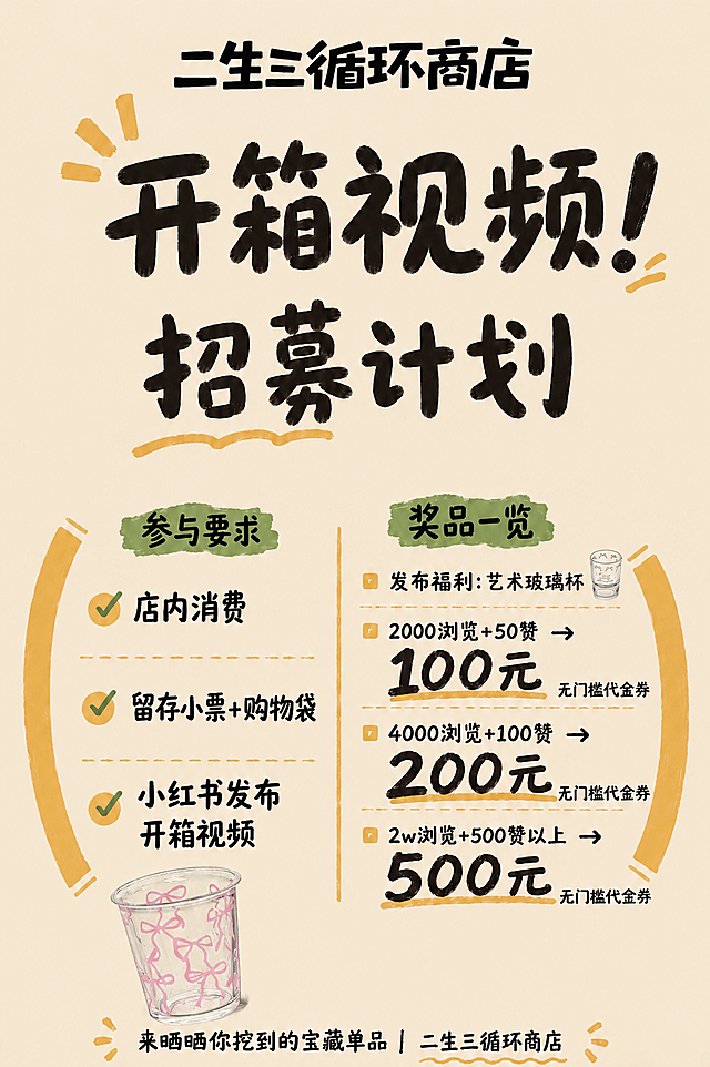 将图二中的粉色蝴蝶结玻璃杯（去除手部和原背景）放置在图一海报左下角的空白区域，杯子大小适中，不遮挡任何文字内容，保持海报整体手绘风格和米黄色背景不变，其余所有文字、排版、图案均保持原样