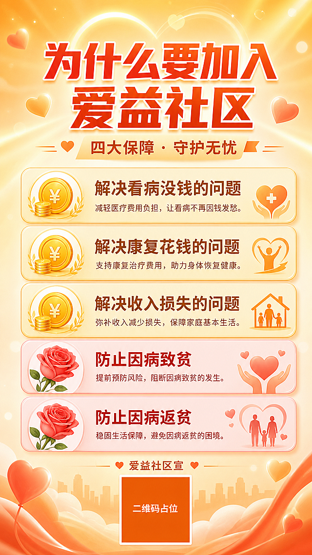 一张温暖橙色系的公益宣传竖版海报，主题为爱益社区。画面整体采用橙黄色渐变背景，温馨有力量，充满关爱与希望的氛围。顶部居中大字号主标题："为什么要加入爱益社区"，字体醒目有力。主标题下方副标题："四大保障 · 守护无忧"。中间区域为5条核心价值点，分两部分排列：上半部分3条带金币💰图标，分别是"解决看病没钱的问题"、"解决康复花钱的问题"、"解决收入损失的问题"；下半部分2条带玫瑰🌹图标，分别是"防止因病致贫"、"防止因病返贫"。每条价值点用圆角卡片或标签形式呈现，左右对齐，排版精美，信息清晰易读。底部居中位置有"爱益社区宣"小字署名，下方是一个橙色纯色方块二维码占位符，方块中央标注"二维码占位"文字。画面装饰元素：柔和的光晕、爱心形状点缀、温暖的光线效果，整体风格温暖治愈，版式精美，层次分明，四周留有安全边距。画面中所有信息区域必须填充完整合理的内容，不得出现空白框或待填写区域。