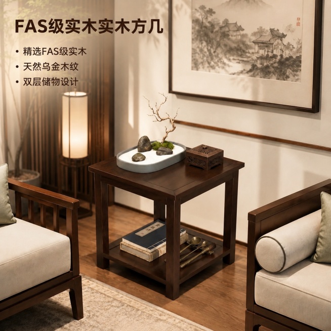 [主图-1] 新中式实木方几客厅空间场景首图
[氛围风格] 新中式禅意风 温馨居家生活氛围；
[画质] 商业摄影质感、光线柔和通透、产品清晰真实、画面干净高级。
[元素] 乌金木实木方几放置在客厅空间预览效果