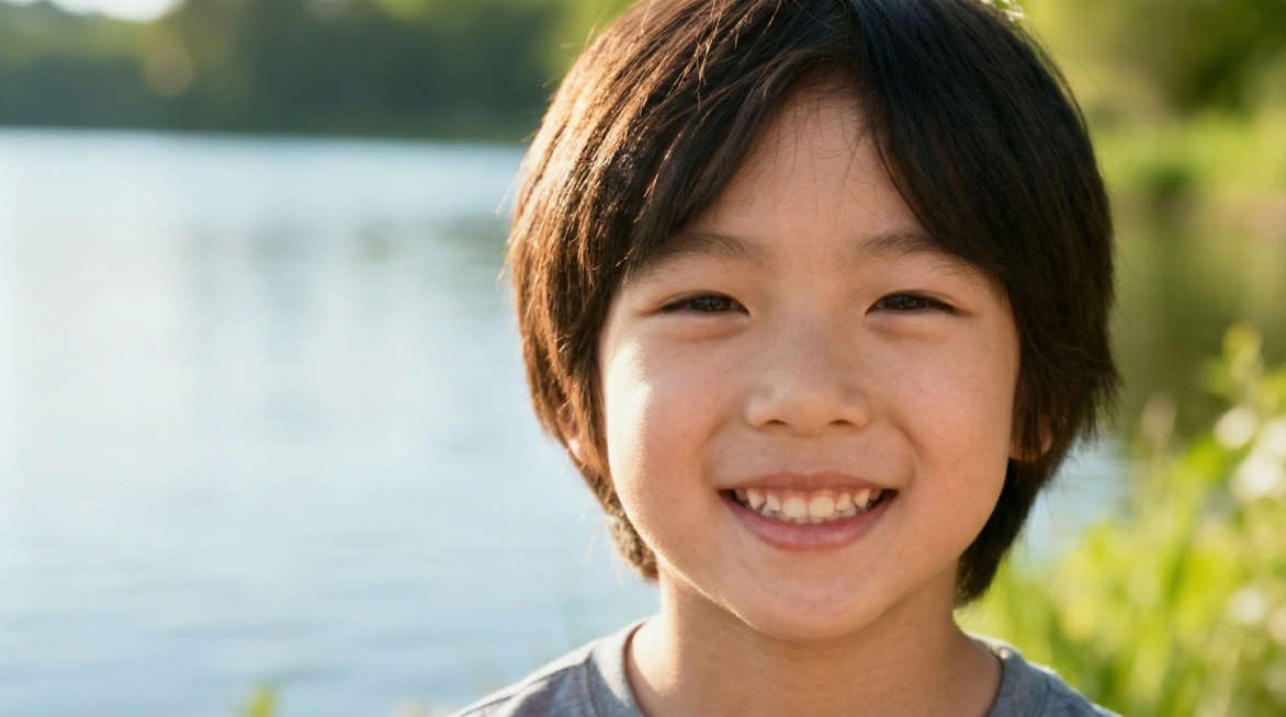 将人物替换为面容清秀的小男孩，保持湖畔背景虚化效果不变预览效果