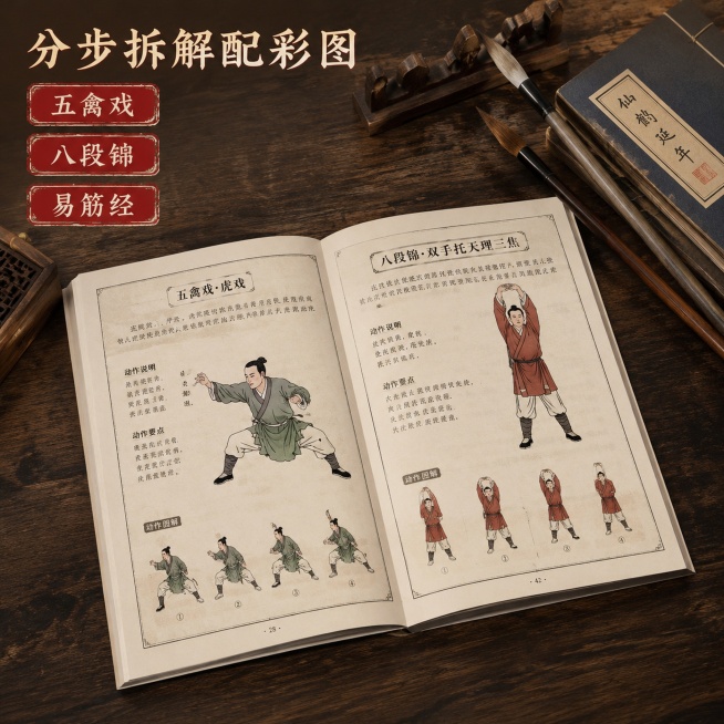 「图片1」，生成电商实景主图（4张），主图海报（1张），商品名称是古法健身，风格是古风书房，适配淘宝/天猫平台，主图比例为1:1，平装书预览效果