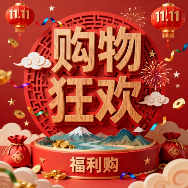 红色镂空风格为主色调，前景是立体木质“购物狂欢”文字，具有多重立体效果，文字周围搭配祥云、山河、烟花装饰，底座有“福利购”字样，周围飘着“11.11”灯笼，整体由福袋、金币、彩带、星星点缀，营造红色喜预览效果