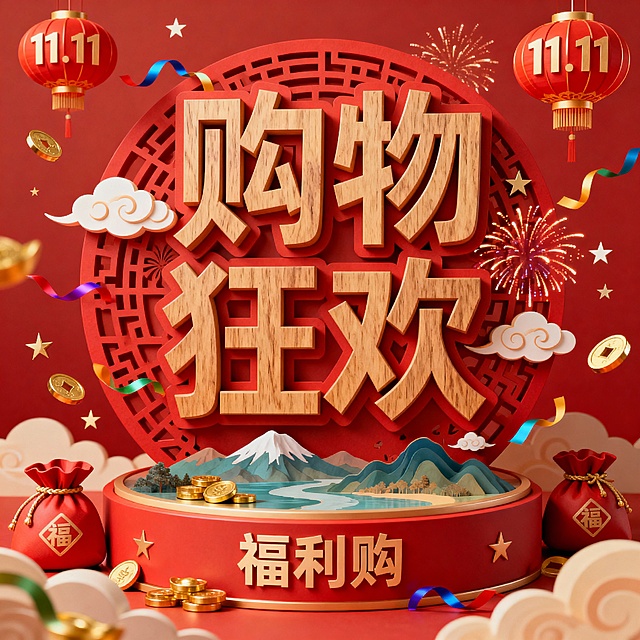 国潮风3D木雕大字设计，喜庆红金配色，融合灯笼、烟花与山水景致，营造双11购物狂欢的浓厚节日氛围。