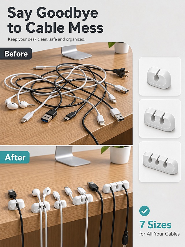 [主图-2] 7 Pack Cable Clips White Self-Adhesive Cord Organizer (1/2/3/4/5/6/7 Slots) 核心卖点图，展示线缆整理前后对比效果。
[统一基调] 亚马逊跨境信息图风格，浅灰色背景搭配原木色桌面元素，标题用深灰色粗体无衬线字体，辅助文字用中灰色，强调色用清新蓝绿色，整体简洁克制。
[画面] 画面采用上下分屏对比布局，上半部分为Before杂乱桌面：各种充电线、数据线、耳机线缠绕交错在木质桌面上，线缆混乱不堪；下半部分为After整洁桌面：相同的木质桌面上，多个白色电缆夹分别粘在桌面边缘，每根线缆整齐地卡入电缆夹槽位中，井然有序。右侧放置3个不同槽位的电缆夹产品特写作为证据组件。
[光影质感] 真实家居自然光，柔和侧光，桌面木纹清晰，电缆夹硅胶质感真实，线缆有自然弧度和接触阴影。
[配色] 浅灰背景，原木色桌面，白色产品，深灰标题，蓝绿色强调色。
[文字版式] 左上角大号粗体标题"Say Goodbye to Cable Mess"，上半部分左上角深灰标签"Before"，下半部分左上角蓝绿色标签"After"，右下角小字"7 Sizes for All Your Cables"。文字放在负空间，不遮挡产品主体。
[输出要求] 比例3:4，文字清晰可读，产品清晰，无变形、错字、模糊、杂乱、水印、平台Logo。