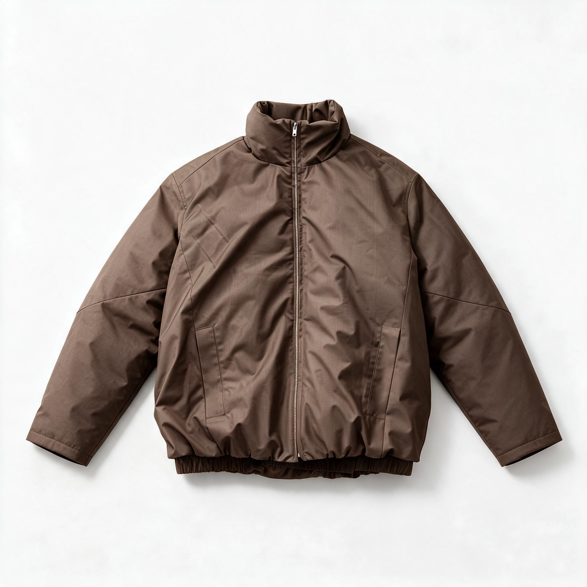 1:1纯白底商品图，正面平铺。焦糖棕色立领拉链棉服，正面朝上平… - 图片创意预览