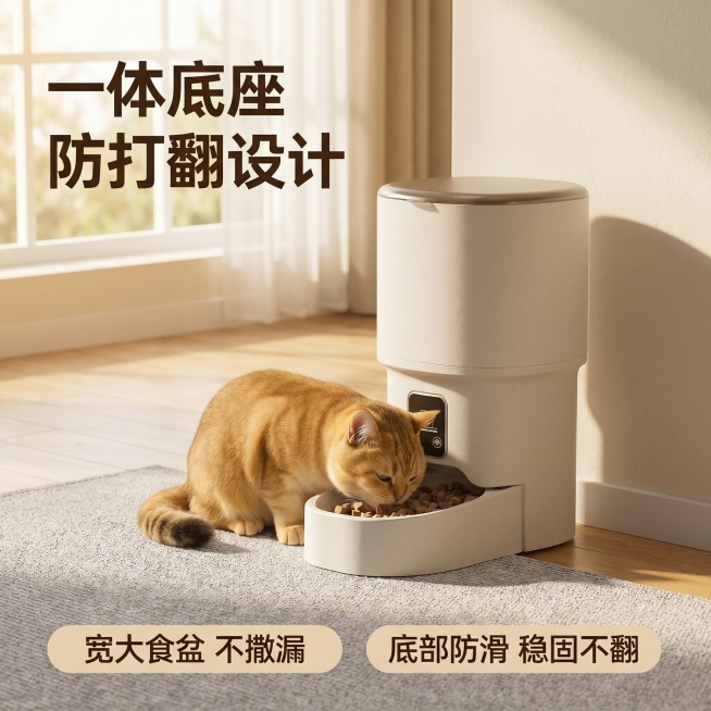 [主图-4] 突出防打翻卖点，家居治愈风。[氛围风格] 真实宠物使用场景，温馨自然。[画质] 商业摄影质感、光线柔和通透、产品清晰真实、画面干净高级。[元素] 浅奶茶色自动喂食器放在客厅地毯，猫咪正常预览效果