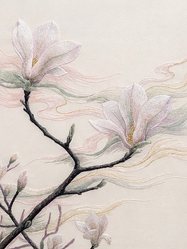 将这张玉兰花照片转化为极致细腻的苏绣平绣艺术品：采用苏绣特有的极细桑蚕丝线，以平针、散套针等传统针法绣制；花瓣用极细的淡粉色、灰绿色、淡紫色丝线层层铺展，针脚细密平整无凸起，呈现薄纱般半透明质感；花蕊用极细金色丝线绣制，光泽柔和内敛；背景为流动的淡粉、灰绿、米白与金色细丝线，如云雾般轻柔缭绕；整体针脚细密到几乎不可分辨，丝线光泽温润柔和，底料为纯净米白色真丝，风格典雅空灵，充满东方美学韵味