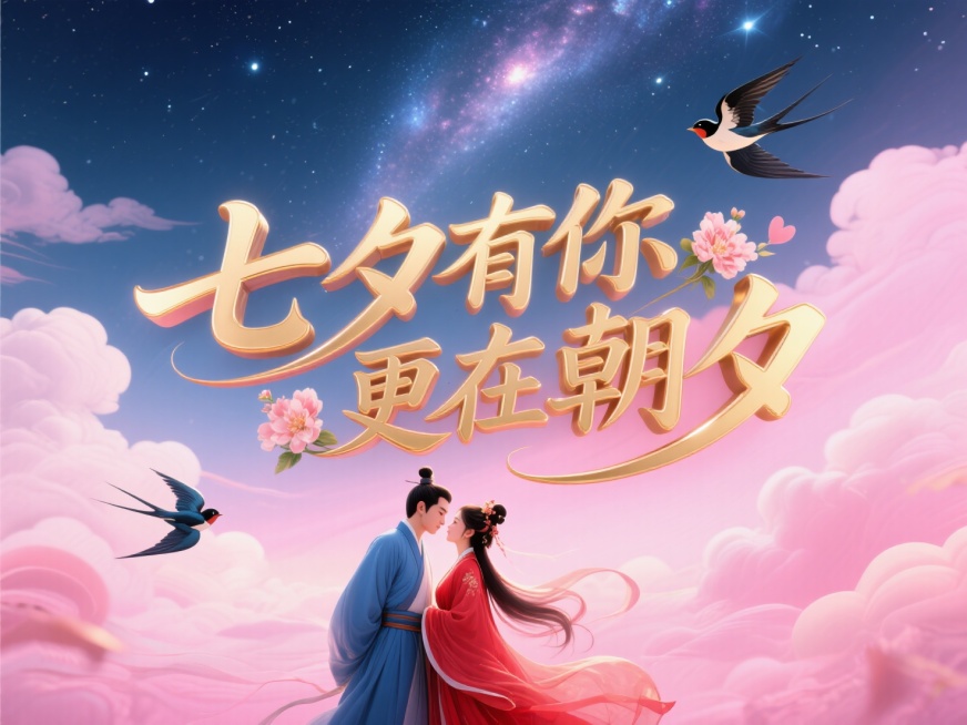 横向金色文字"七夕有你 更在朝夕"。创意字体设计点缀两只喜鹊、花朵元素，线条流畅，高级感，粉色背景，高纯度配色。中国古代传统风格，古风情侣身着飘逸古装，深情对视，男子身穿蓝衣，女子身穿红衣。背景是银河预览效果