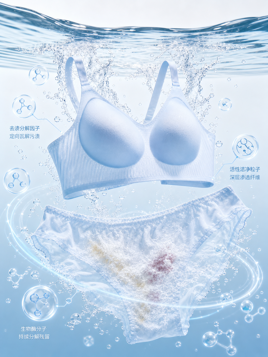浅蓝色无痕文胸和浅蓝色薄丝内裤尺寸稍小，悬浮于清澈水波中，周围… - 图片创意预览