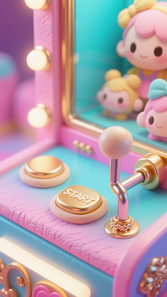 左右兩個浅金色 “START”按钮微凸，最右邊有像夾娃娃機的那種有拉感的拉霸  風格要是華麗的少女風 富家千金風