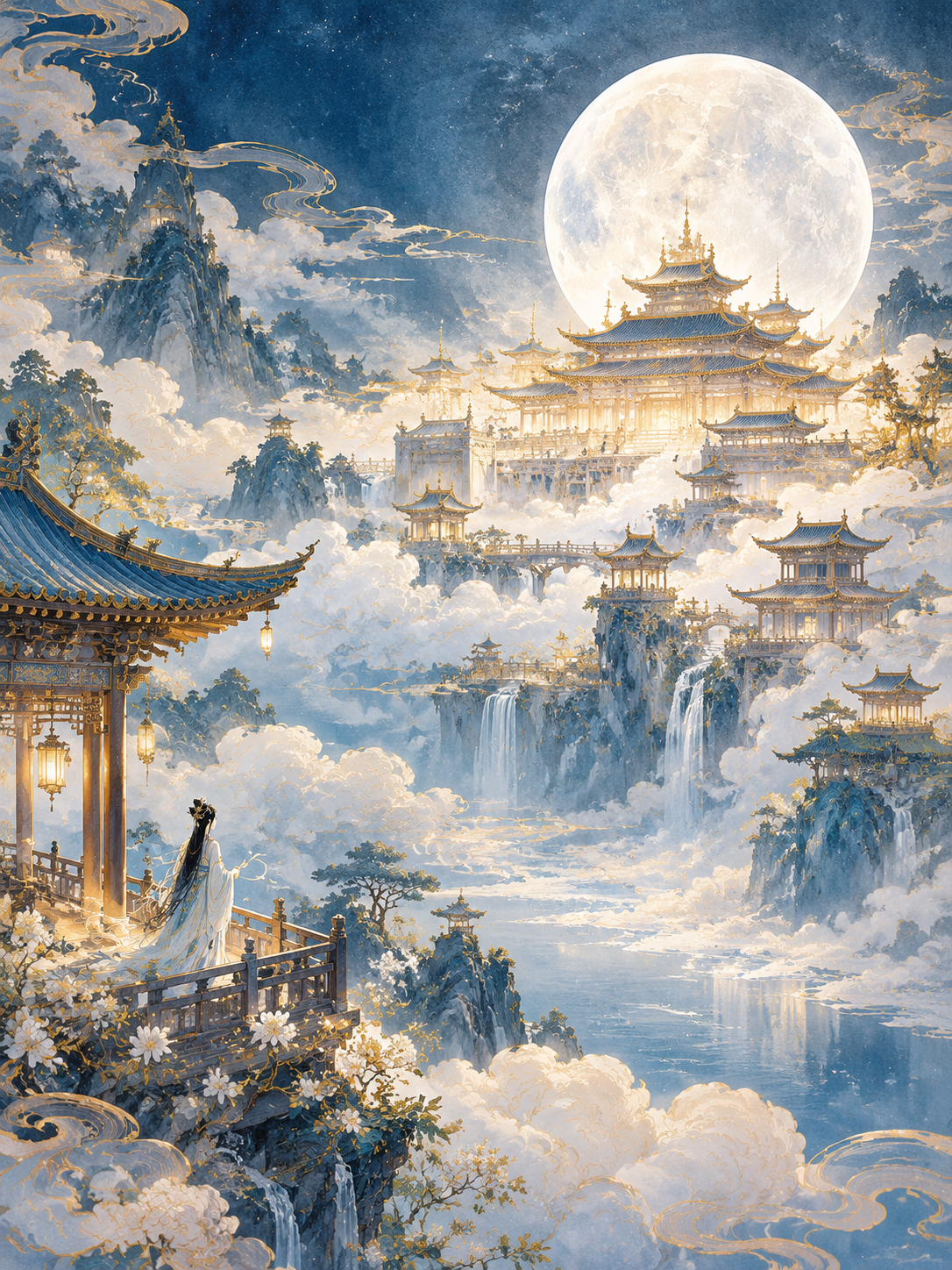 中国古典仙境风格，工笔画细腻质感，云端之上矗立着金碧辉煌的琼楼… - 图片创意预览