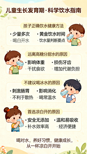儿童科学饮水指南科普图文，整体风格清新可爱，适合家长阅读，顶部标题为'儿童生长发育期·科学饮水指南'，内容分为四个板块：1.孩子正确饮水健康方法，包含少量多次、黄金饮水时间、饮水量判断要点；2.远离高预览效果