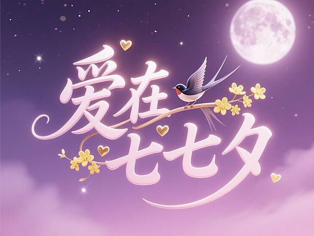 梦幻插画风，浪漫七夕主题，大字设计融入花鸟元素，营造温馨节日氛围。