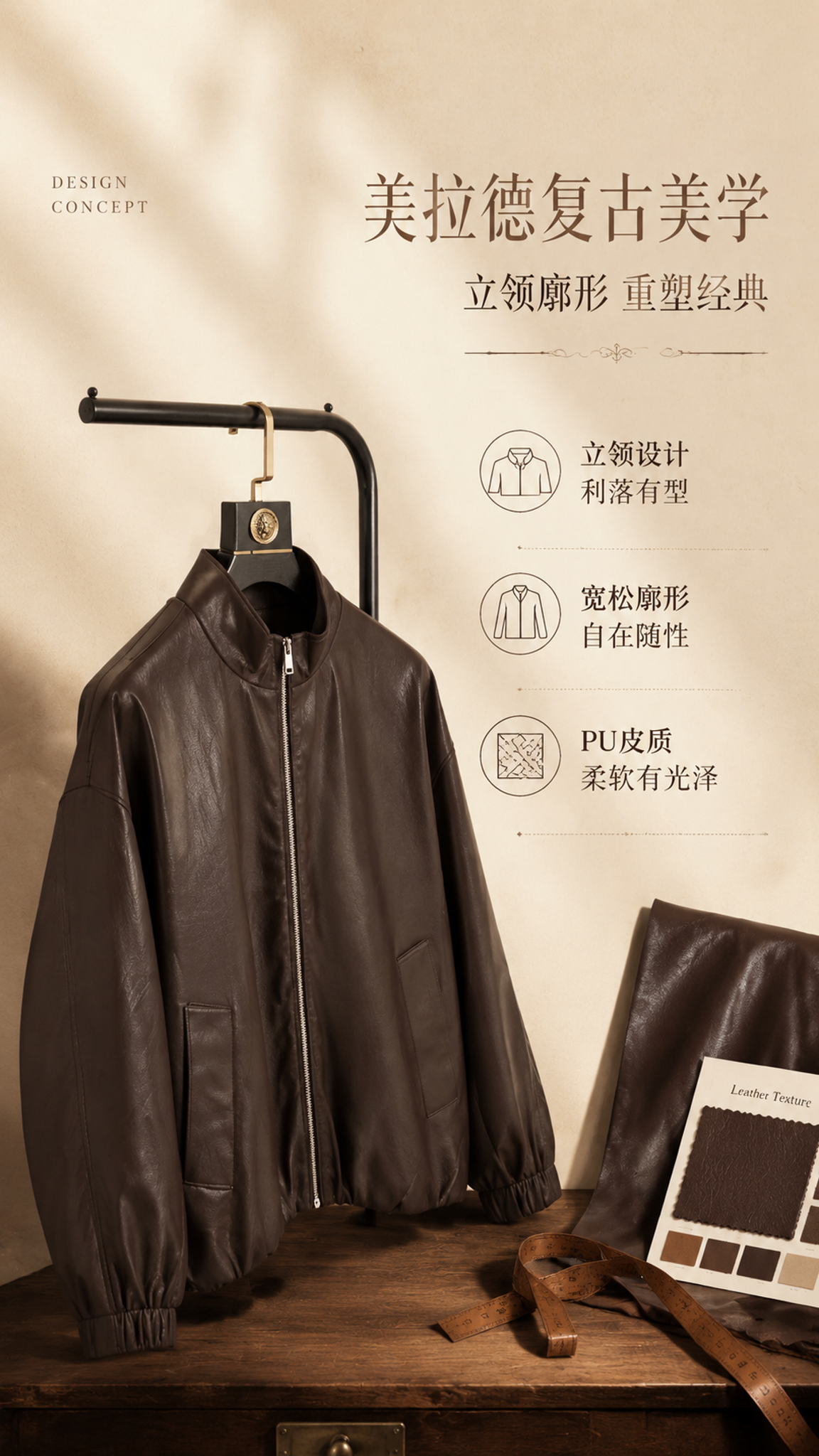 [第2张] 设计理念页-复古棕立领PU皮夹克风格解读。本张使用… - 图片创意预览
