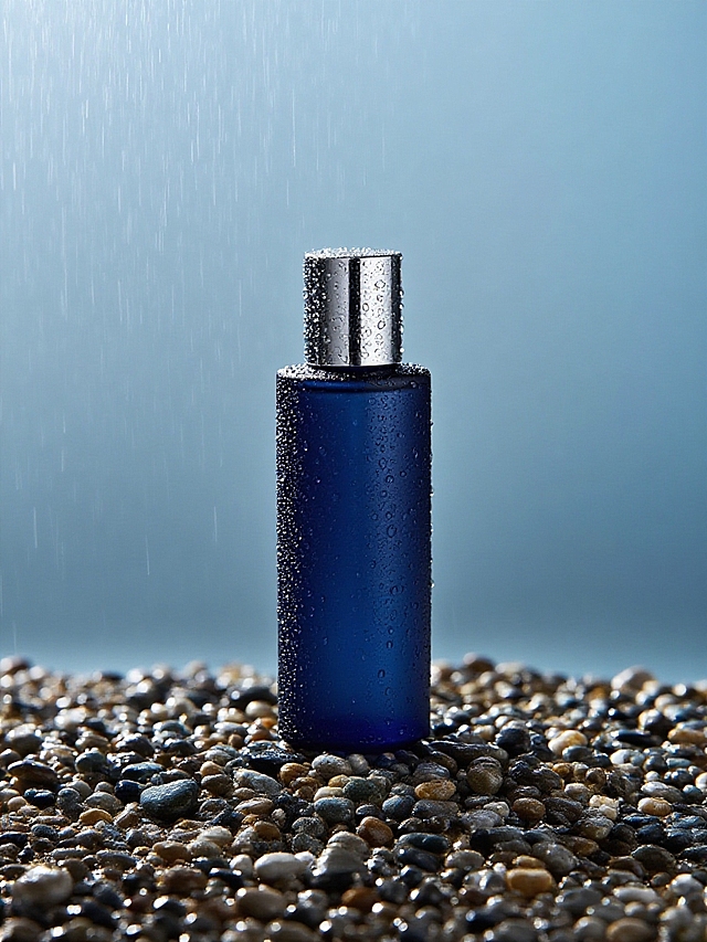 商业摄影。主体直立放置于碎石子上，背景为渐变浅蓝色背景，下大雨雨水滴落，主体上有细微的水珠，营造出冷冽、高级的氛围，高级的光影效果。