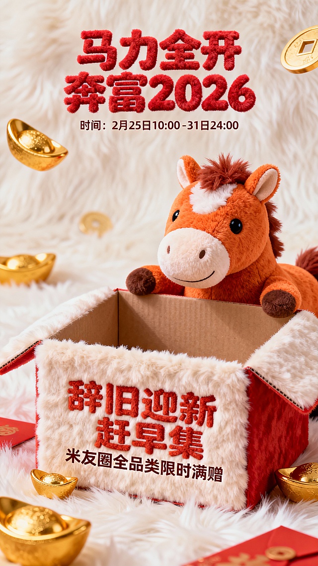 一幅2026马年新年主题视觉海报，整体采用暖调（红  橙/ 白）+ 毛绒质感的软萌热情风格，顶部视觉是红色毛绒材质的 “马力全开  奔富2026”下面一行小字“时间：2月25日10:00-31日24:00”顶部视觉不要太靠顶上  辅以毛绒拟人马玩偶（马玩偶放置在盒子旁边露出一个头）、金色元宝等装饰元素，通过柔软材质与节日符号的结合。场景中间一个绒毛的盒子，盒子正面写着“辞旧迎新赶早集
米友圈全品类限时满赠”字体也是毛茸茸效果，盒子内是空的。背景也是毛茸茸效果 正视图