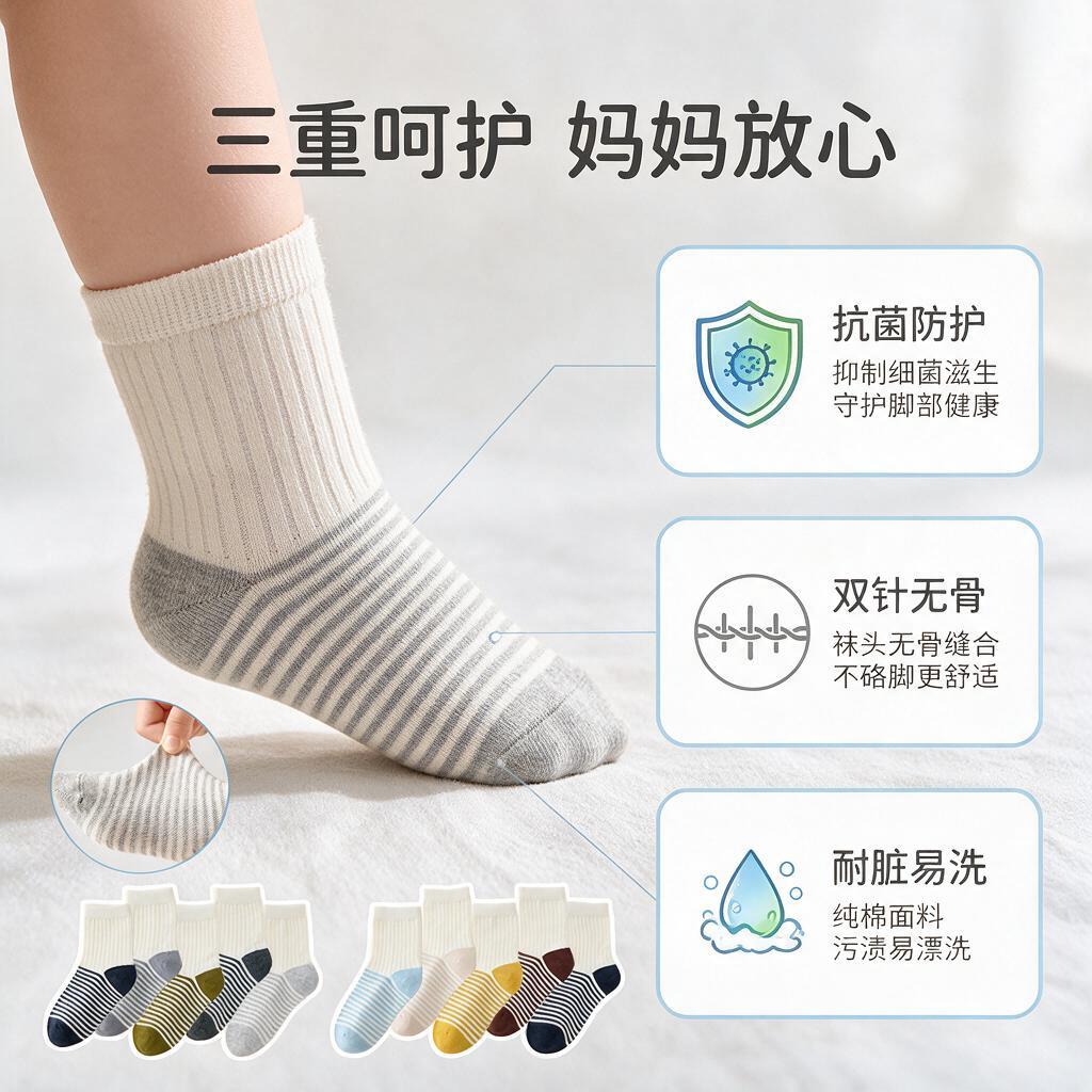 [主图-2] 儿童袜子功能卖点图，突出抗菌耐脏易清洗和双针无骨… - 图片创意预览