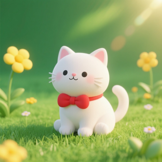 一只戴着红色蝴蝶结的白色小猫，坐在绿色草地上，背景有几朵黄色的小花，阳光明媚，整体画面温馨可爱预览效果