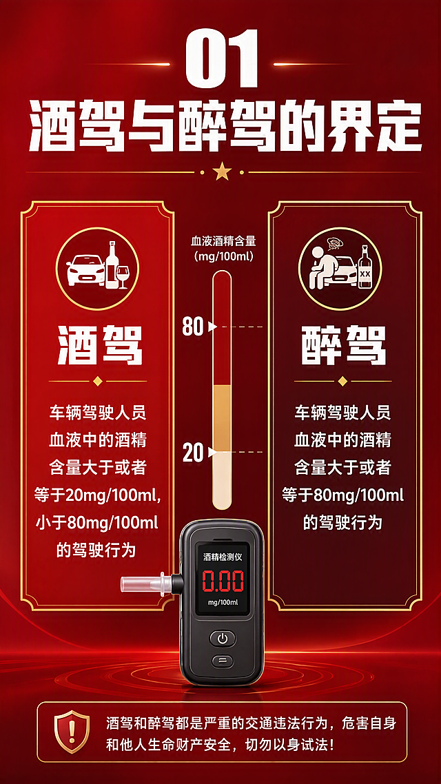 红色主题警示教育公众号长图第2张，深红色渐变背景，党政宣传风格。顶部标题"01 酒驾与醉驾的界定"白色粗体大字。下方左右对比卡片布局：左侧卡片标题"酒驾"，内容为"车辆驾驶人员血液中的酒精含量大于或者等于20mg/100ml，小于80mg/100ml的驾驶行为"；右侧卡片标题"醉驾"，内容为"车辆驾驶人员血液中的酒精含量大于或者等于80mg/100ml的驾驶行为"。中间用进度条或数值标尺可视化20和80的数值差异，配酒精检测仪图标。红色深浅不同的卡片，白色文字，金色边框装饰，文字清晰可读，竖版版式。