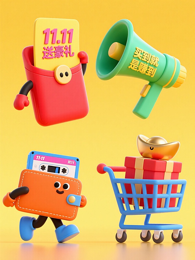 软3D风格的拟人化购物元素，萌趣十足，搭配鲜艳色彩与塑料质感，传递双11促销狂欢的可爱与趣味感。