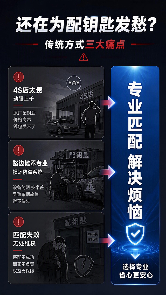 [第2张] 详情页痛点直击页-传统配钥匙的困扰。本张为痛点页，无需使用产品图。
[氛围/风格] 暗色调对比风，左侧痛点场景偏灰暗压抑，右侧解决方案明亮，商业插画+实拍结合质感。
[元素布局] 画面上半部分为大标题痛点区；下半部分左右分栏：左侧灰色调展示三个痛点场景（4S店高价收费、路边摊不专业、匹配失败无售后），每个场景配简笔插画和痛点文字；右侧用亮色箭头指向解决方案。背景为深灰色渐变，左侧偏暗右侧渐亮。
[光影质感] 整体偏暗调，痛点区域冷光低饱和，解决方案区域暖光亮起，形成强烈对比。
[配色色系] 全局底色 #1A1A2E 深灰蓝；痛点区灰色 #555555；警示红 #E53935；解决方案区科技蓝 #1E88E5；文字白色。
[视角构图] 上下结构，上标题下内容，左右对比布局，阅读动线从上到下、从左到右。
[文字版式] 顶部大标题「还在为配钥匙发愁？」，副标题「传统方式三大痛点」，粗黑体居中；下方左栏三个痛点卡片：「4S店太贵 动辄上千」「路边摊不专业 损坏防盗系统」「匹配失败 无处维权」，每个配红色感叹号图标；右侧竖排大字「专业匹配 解决烦恼」配向下箭头引导。
[比例分辨率] 9:16 竖版比例，4K 分辨率，文字清晰可辨，高清画质。
[负向提示词] 水印，文字错乱，文字过小，画面模糊，颜色偏差，出现产品钥匙。