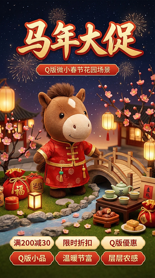 Q版拟人小马身着红金唐装，置身微缩春节花园，3D软萌质感融合鎏金风与面料细节，灯火灯笼映衬喜庆氛围，传递温馨趣味的节日祝福。