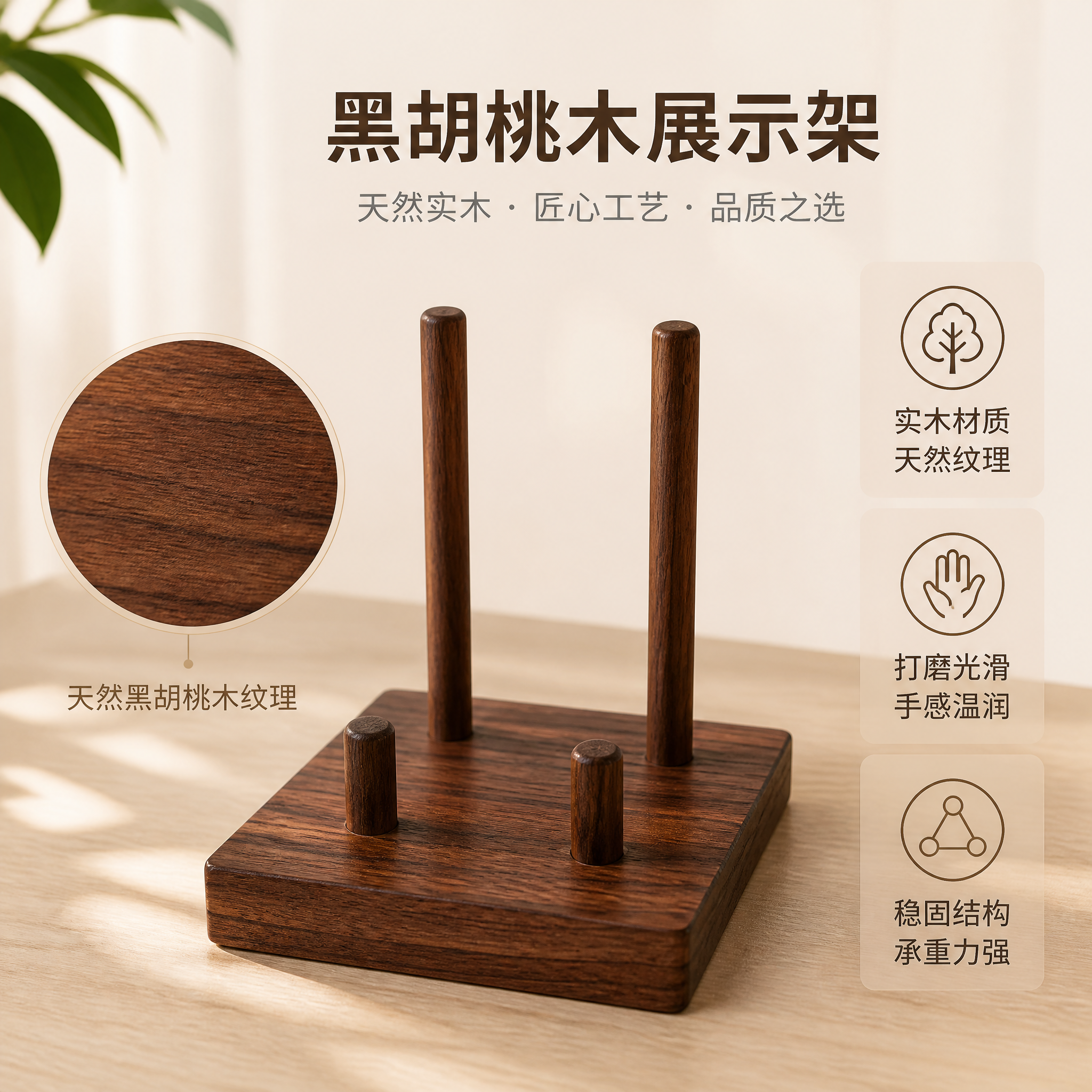 [主图-2] 黑胡桃木展示架 材质细节卖点图。 [统一基调]… - 图片创意预览