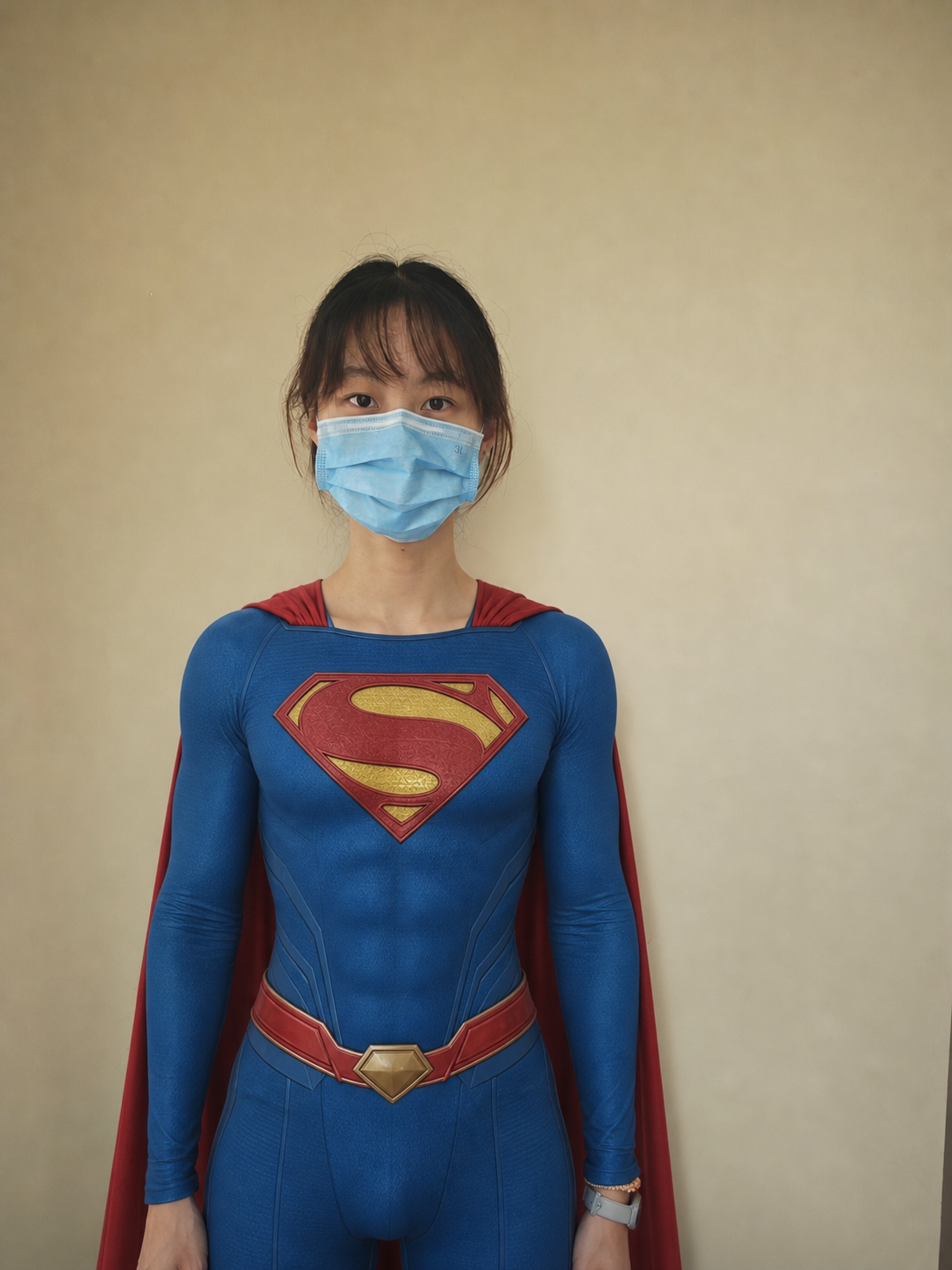 将图中人物的白色医生短袖工作服换成经典超人服，保留人物的头部、… - 图片创意预览