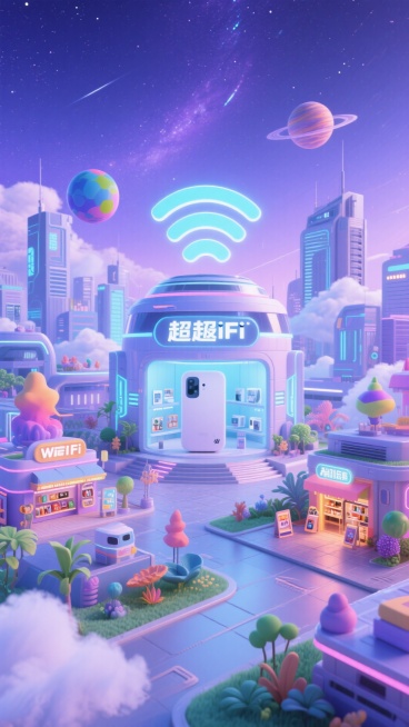画面中心是巨型科幻WiFi产品展示馆，带发光效果。周围有未来感城市建筑、彩色星球、云、商品店铺、奇特植物，背景是星空，低饱和蓝紫色调预览效果