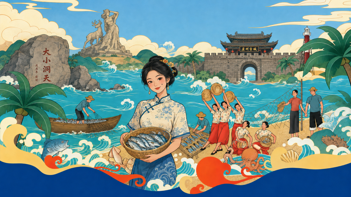 国潮插画风格，保留渔船渔民海岸劳作构图，将背景建筑替换为三亚鹿回头建筑、三亚崖州古城建筑，添加大小洞天石头，画面中间设置一位女主人公，给女主人公脸上添加一颗痣，保持整体插画国潮风格和蓝色调预览效果