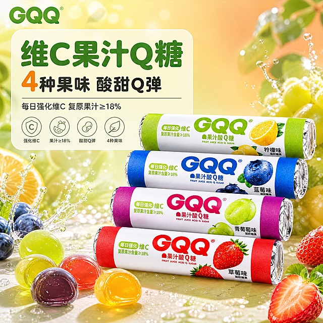 [主图-1] GQQ果汁酸Q糖 首图点击率 食欲感诱惑主题。
[统一基调] 清新活力年轻休闲零食风 背景主色为渐变浅黄绿到浅橙 标题字色为深绿+橙黄强调色 辅助字色为深灰 字体为圆润粗黑体 字号层级分明 卡片用圆角半透明白色底 图标为简约线性风格。
[画面] 画面右侧主体展示4卷GQQ果汁酸Q糖（柠檬味、蓝莓味、青葡萄味、草莓味）呈阶梯状错落摆放 产品外观包装颜色与原图完全一致 卷装形态完整清晰 产品占画面约65% 左侧前景散落几颗剥开的Q弹软糖 有半透明果汁飞溅和水珠效果 背景为柔和渐变的水果果园氛围 隐约可见柠檬片草莓蓝莓等水果元素 左上角放置GQQ品牌Logo 整体有自然暖阳逆光感 突出软糖通透Q弹质感。
[光影质感] 商业摄影质感 自然暖阳侧逆光 软糖表面有通透光泽和高光 包装卷有真实纸质卷装质感和轻微反光 底部有柔和接触阴影 不悬浮。
[配色] 背景渐变浅黄绿到浅橙 标题深绿色 强调字橙黄色 辅助文字深灰色 整体明亮清新有食欲。
[文字版式] 左上方大标题"维C果汁Q糖" 下方副标题"4种果味 酸甜Q弹" 再下方小字"每日强化维C 复原果汁≥18%" 文字左对齐 放在半透明白色圆角卡片上 不遮挡产品主体 字体圆润粗黑 标题最大 辅助文字缩小50%以上。
[输出要求] 比例1:1 文字清晰可读 产品清晰完整 无变形 无错字 无模糊 无杂乱元素 无水印 无平台Logo 禁止出现二维码。