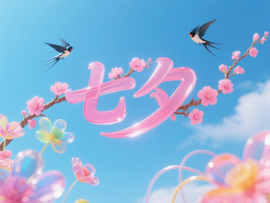 横向粉色文字"七夕"。笔画与粉色花朵枝条缠绕延伸，点缀两只喜鹊，字体前景是透明彩色的花朵，线条流畅，高级感，背景天空蓝。预览效果