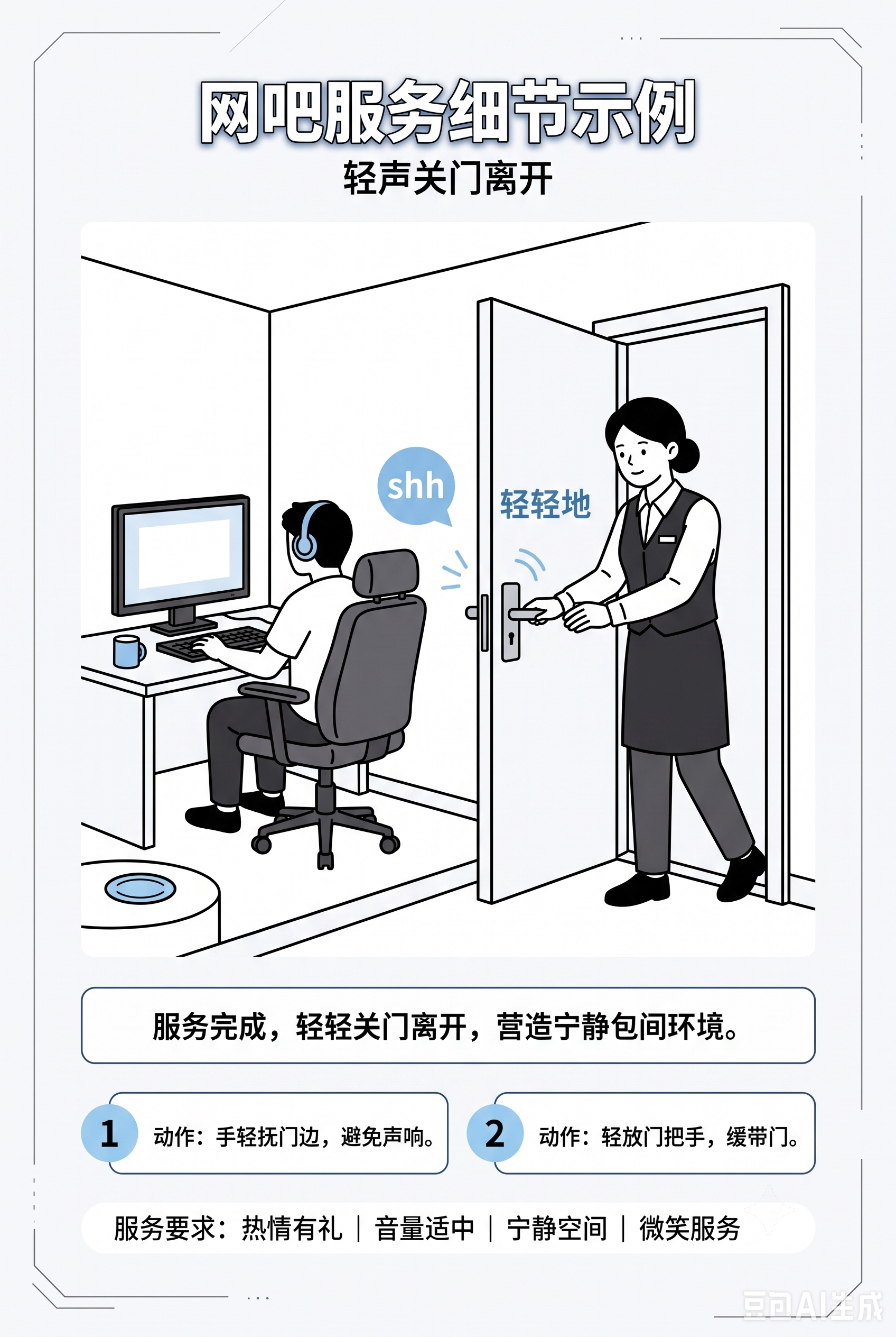 简笔画，矢量图形，扁平风，主题是"轻声关门离开"，网吧包间/独… - 图片创意预览