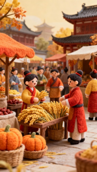 清明上河图 秋收季节 中式古典 人群在集市中欢快的逛着  转化为一个毛绒绒的柔软市集 古典风格预览效果