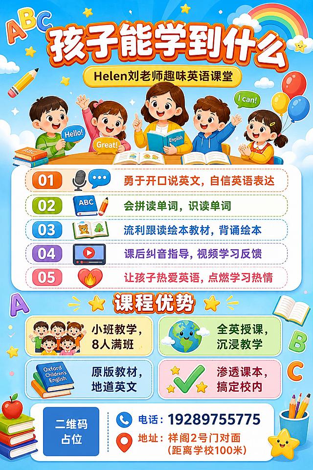 竖版A4趣味少儿英语宣传单背面，主题为"孩子能学到什么"及课程优势，延续正面的童趣活泼卡通风，明亮黄+天蓝+橙红配色，浅蓝渐变天空背景配白色云朵、彩虹、星星、气球、英文字母ABC、书本、铅笔等童趣装饰元素，与正面风格统一。画面顶部居中是超大粗体主标题"孩子能学到什么"，橙色描边立体效果，下方副标题"Helen刘老师趣味英语课堂"配黄色圆角标签。主标题下方有几个开心学英语的卡通小朋友（幼儿园及小学年龄段）和卡通老师互动的场景。中间区域用白色圆角卡片分5个模块展示学习收获，每个模块前配编号01-05和对应彩色小图标：01 对话气泡/麦克风图标："勇于开口说英文，自信英语表达"；02 拼读书写图标："会拼读单词，识读单词"；03 绘本图标："流利跟读绘本教材，背诵绘本"；04 视频/播放图标："课后纠音指导，视频学习反馈"；05 爱心/火焰图标："让孩子热爱英语，点燃学习热情"。再下方是"课程优势"大标题模块，用4个彩色圆角卡片横向2x2排列展示：左上"小班教学，8人满班"配小人图标，右上"全英授课，沉浸教学"配地球图标，左下"原版教材，地道英文"配书本图标，右下"渗透课本，搞定校内"配对勾/星星图标。底部区域左侧是二维码占位符（纯色方块，中央标注"二维码占位"文字），右侧是联系方式：电话"19289755775"和地址"祥阁2号门对面（距离学校100米）"。整体版式精美，信息分区清晰，层级分明，四周留安全边距，所有文字清晰可读。画面中所有信息区域必须填充完整合理的内容，不得出现空白框或待填写区域。画面中所有数字必须精确渲染，不得错位、遗漏或编造。