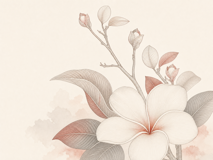 将图1变成图2的风格效果，鸡蛋花主题东方线描装饰画，极简禅意新中式风格，线条化的花瓣与叶脉纹理，细腻流畅的平行线条塑造形态，低饱和度米白底色，红、棕、灰三色层次晕染，无强烈光影，平面装饰感，留白构图，预览效果