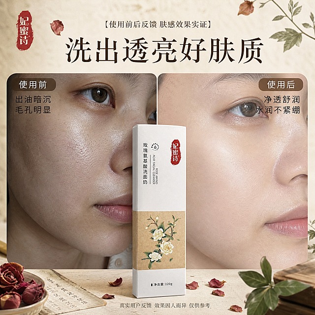 [主图-3] 使用前后反馈 肤感效果实证
[统一基调] 中药草本国风 小红书原生氛围感 雅致温润 主色米白+赭石棕+草木绿 主标题用干净宋体 辅助文字用细黑体 整体柔和自然光 中药铺质感
[画面] 左右分栏before/after对比布局 中间偏下放产品妃蜜诗玫瑰氨基酸洗面奶白色包装盒 占画面约25% 正面展示 左侧为使用前局部脸部皮肤特写 暗调 展示毛孔明显 出油 暗沉状态 配标签 使用前 右侧为使用后同角度同光线局部脸部皮肤特写 亮调 展示干净通透 水润光泽 毛孔细腻状态 配标签 使用后 底部加一行小字 效果因人而异 仅供参考 背景为浅米色中药风格 点缀干玫瑰花瓣和草本叶片 左上角放品牌红印小logo
[光影质感] 真实人像皮肤摄影质感 自然光 皮肤纹理真实自然 不夸张磨皮 产品光影自然融入场景
[配色] 主色米白 赭石棕 草木绿 左侧暗调偏灰 右侧亮调偏暖白 标题深棕色
[文字版式] 顶部主标题大字 洗出透亮好肤质 左右两侧分别标注 使用前 出油暗沉 毛孔明显 和 使用后 净透舒润 水润不紧绷 底部小字说明 真实用户反馈 效果因人而异 文字放在负空间 不遮挡皮肤关键区域 小红书种草笔记风格
[输出要求] 比例1:1 文字清晰可读 产品清晰不变形 无错字 无水印 无平台logo 无化学成分 无生产厂家 对比真实不夸大 负向：变形 模糊 夸张P图 医疗术语 西药 工厂