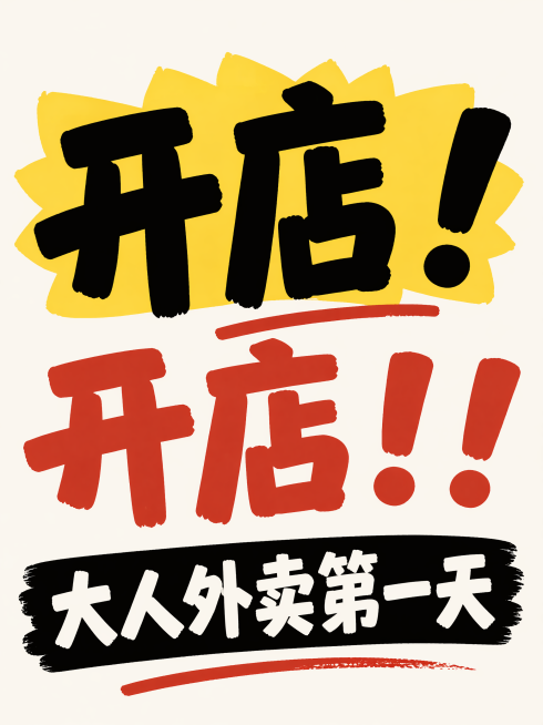 小红书大字报封面，主题文字：“开店！开店！！ 大人外卖第一天”，大字醒目突出，简约风格，适合小红书自媒体封面预览效果