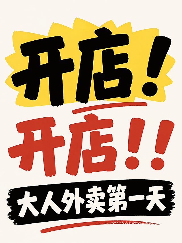 小红书大字报封面，主题文字：“开店！开店！！ 大人外卖第一天”，大字醒目突出，简约风格，适合小红书自媒体封面