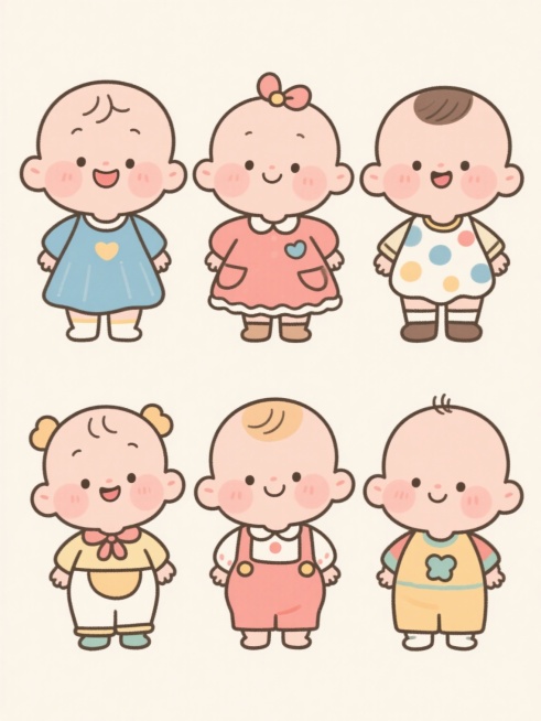 6个不同服饰、不同表情的婴儿小孩，Q版卡通风格，手绘线条，圆润造型，简洁可爱，浅色背景，规整排列，每个婴儿都有独特的服装和表情，整体画面温馨和谐，色彩明快，线条流畅，细节丰富，适合儿童产品宣传使用。预览效果