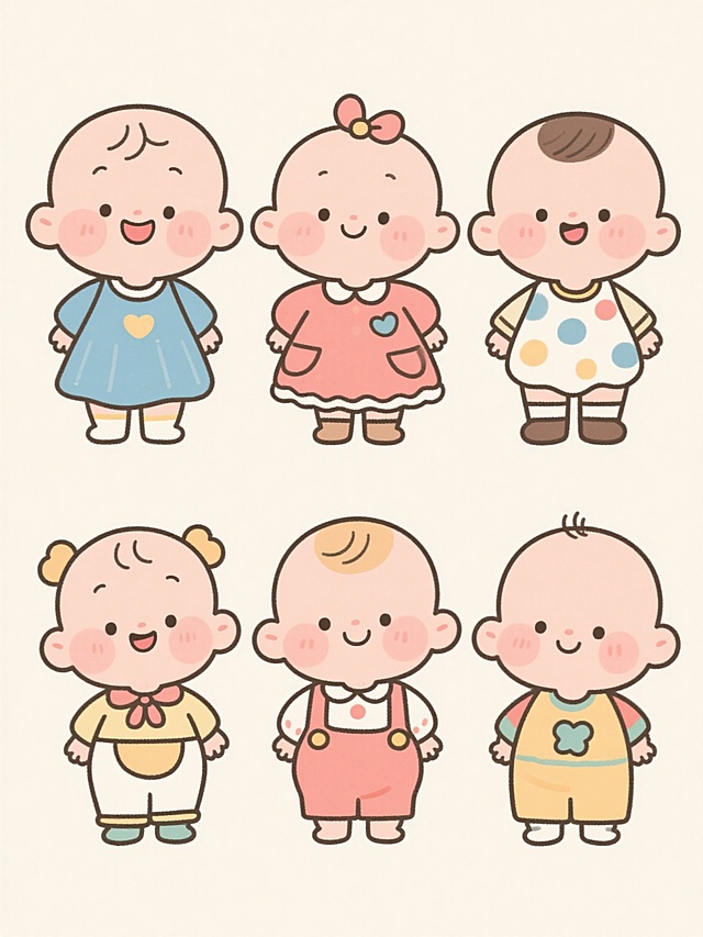 6个不同服饰、不同表情的婴儿小孩，Q版卡通风格，手绘线条，圆润造型，简洁可爱，浅色背景，规整排列，每个婴儿都有独特的服装和表情，整体画面温馨和谐，色彩明快，线条流畅，细节丰富，适合儿童产品宣传使用。