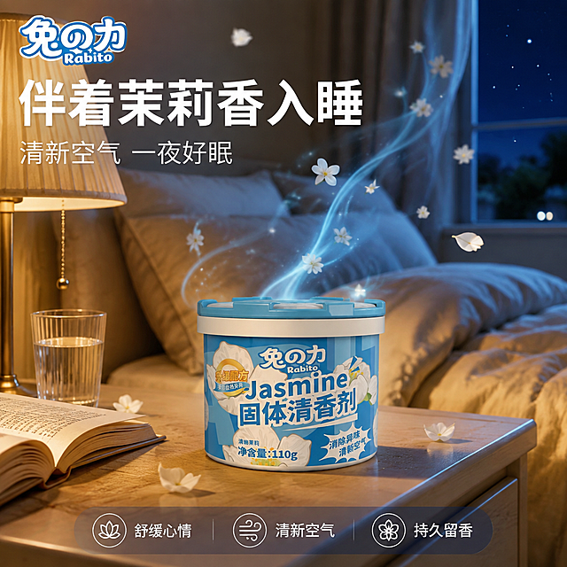 [主图-1] 卧室睡眠场景首图，茉莉香氛助眠氛围。
[氛围风格] 温馨治愈卧室风，柔和静谧，舒适放松。
[画质] 商业摄影质感，暖调柔和光线，场景真实有氛围感。
[元素] 夜晚温馨卧室场景，柔和的床头灯发出暖黄色光。浅色床头柜上摆放着兔之力茉莉固体清香剂，正面朝向镜头，产品占比约40%。从产品中散发出淡蓝色的茉莉香气分子，轻柔地飘散在卧室空气中。背景是柔软的床铺，有蓬松的枕头和被子，窗帘半拉，窗外是深蓝色夜空与点点星光。床头柜上还有一本打开的书、一杯水、小台灯。空气中有几片茉莉花瓣缓缓飘落，营造浪漫芬芳氛围。**保持产品外观与输入产品图完全一致，杜绝变形色差，产品稳稳放置在床头柜上，有真实接触阴影**。
[光影] 床头暖黄灯为主要光源，柔和暖调，产品正面受暖光照射呈现温暖质感，背景暗部有层次，整体氛围静谧温馨，香气粒子有淡淡冷光与暖光形成冷暖对比。
[配色] 主色天蓝色+白色；辅助色暖黄灯光+米白床品+深蓝夜空；强调色淡蓝香气光。整套色板统一，暖场景中蓝色产品依然突出。
[视角构图] 平视微侧角度，产品位于床头柜视觉中心，床铺在背景形成环境衬托，景深较浅，氛围朦胧有代入感。
[文字版式] 左上区域左对齐，主标题大字「伴着茉莉香入睡」，白色粗体无衬线最大号；副标题「清新空气 一夜好眠」，白色中号细体。左上角品牌Logo「兔の力 Rabito」。底部三列横向卖点：「舒缓心情」「清新空气」「持久留香」，图标+文字，白色文字配半透明深蓝底。
[输出要求] 1:1比例，文字清晰可辨，超高清商业摄影质感。
[负向提示词] 变形，文字错乱，产品图模糊，背景杂乱，水印，电商平台Logo，多余手指，手部扭曲，人物面部扭曲。